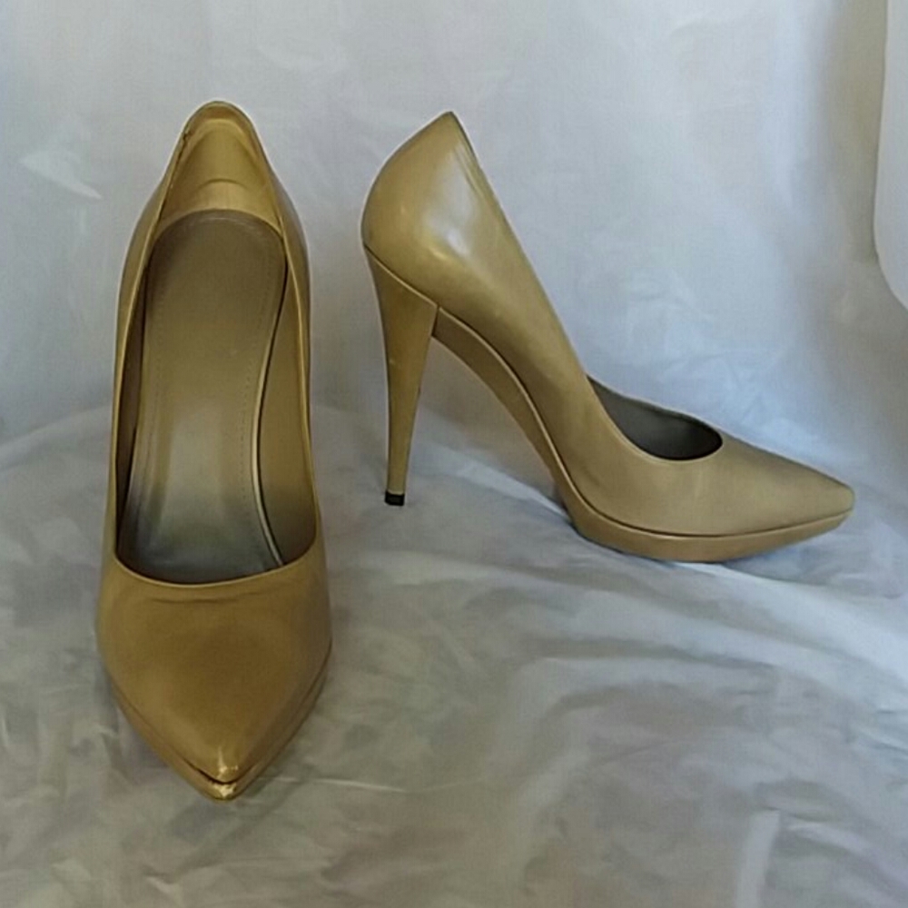 Vtg YSL Platform Pumps 9.5 taupe leather Italy Yves St Laurent Rive Gauche